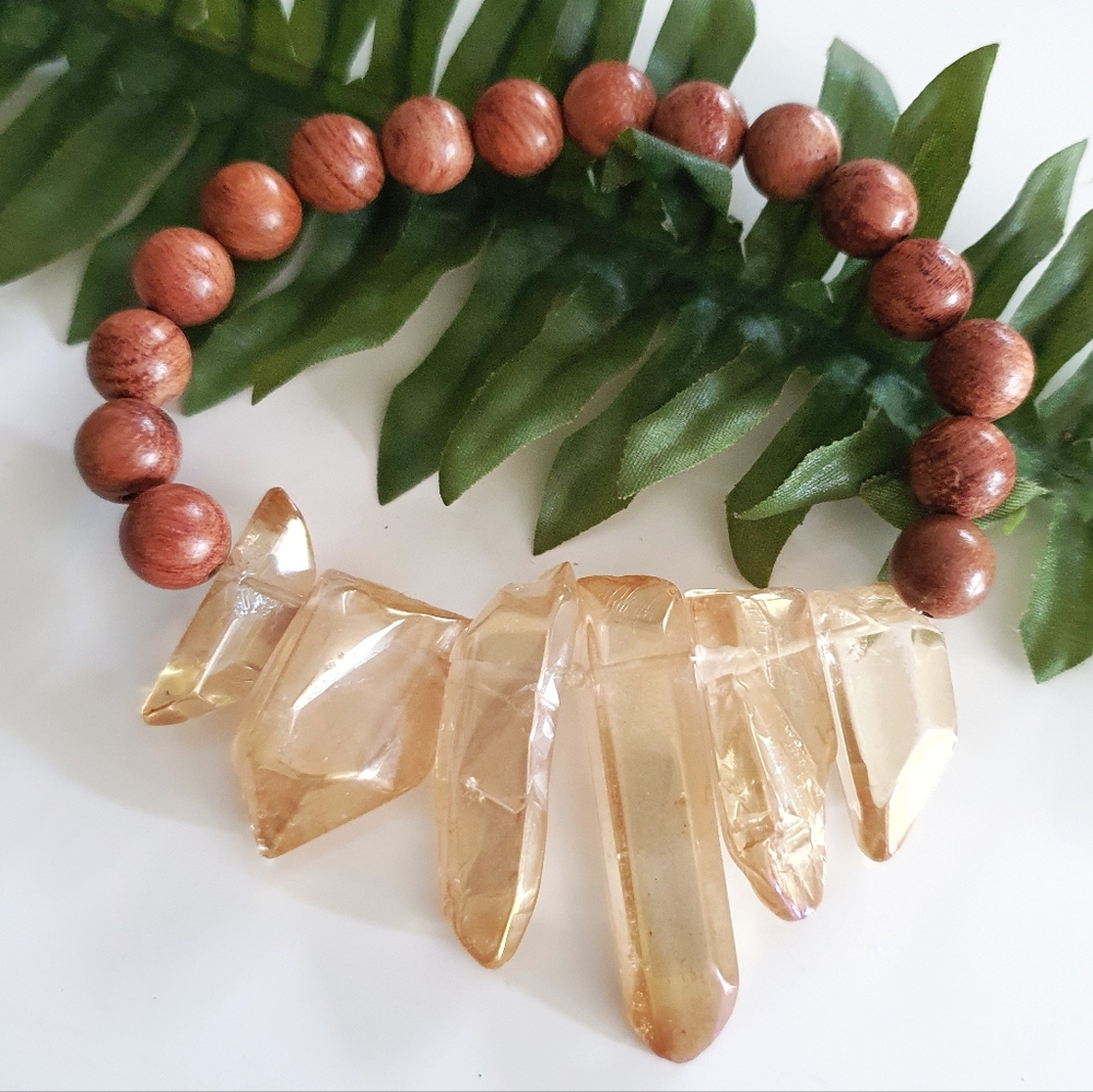 Amber Crystals & Polished Wood Beads Stretch Bracelet